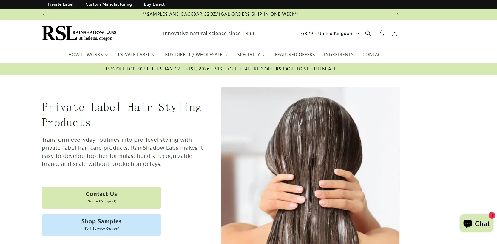 RainShadow Labs webpage showing private label hair styling products text and a person applying hair product.